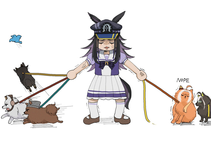 animal_ears, annoyed, beanie, bird, black_hair, bow, brown_fur, brown_hat