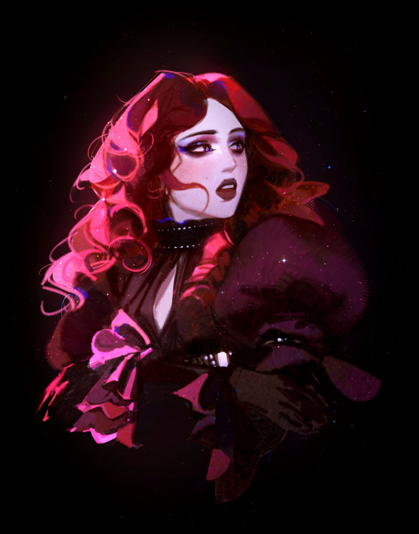 1girl, absurdres, black_background, black_eyeliner, black_gloves, black_shirt, chappell_roan, chappell_roan_(person)