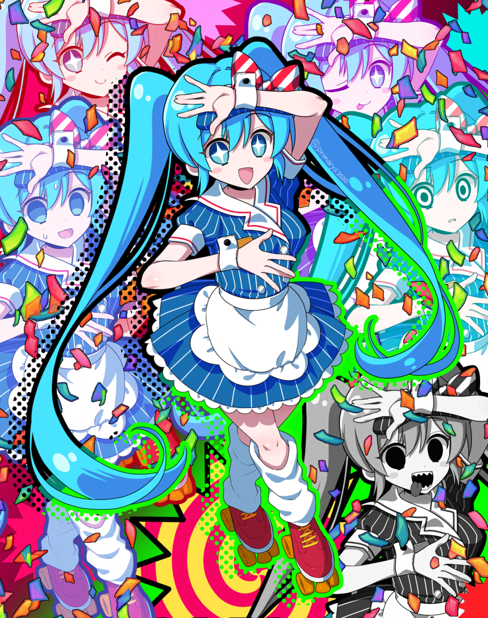 1girl, black_mouth, blue_hair, dress, drill_hair, gloves, hat, hatsune_miku