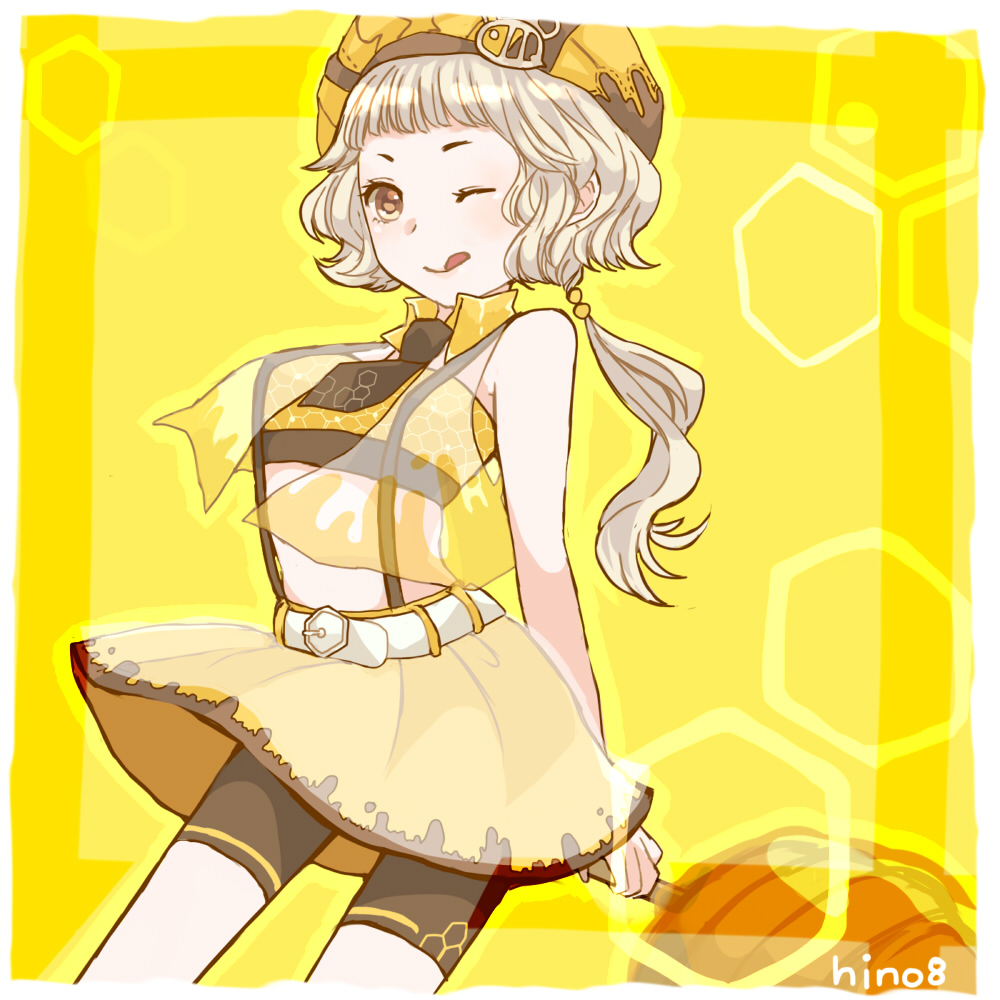 1girl, ;q, bare_arms, bare_shoulders, bee, bee_hat_ornament, belt, belt_buckle