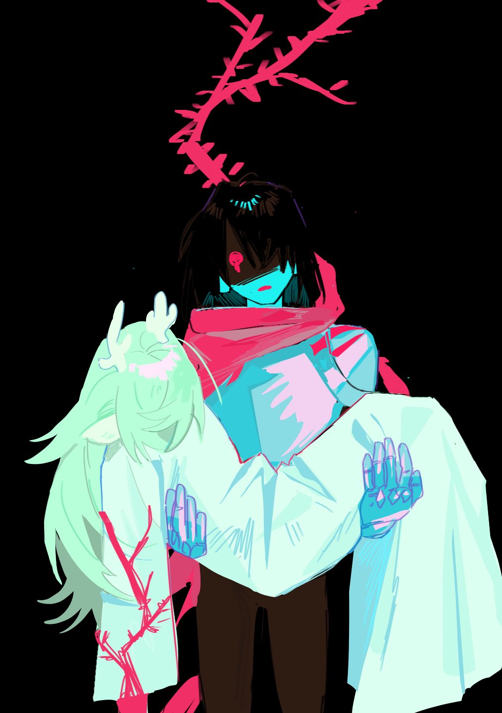 1girl, 1other, antlers, armor, bkbkbkt, black_background, black_hair, blue_skin