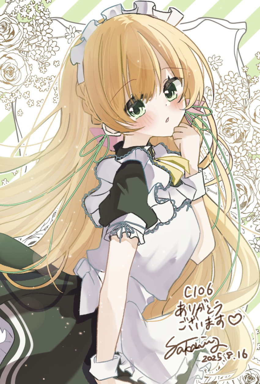 1girl, 2025, alternate_costume, apron, black_dress, blonde_hair, blush, braid