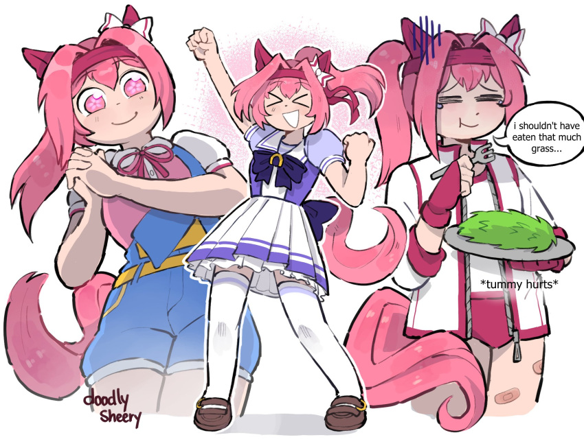 1girl, animal_ears, bandaid, bandaid_on_leg, blue_overalls, blush, bow, buruma