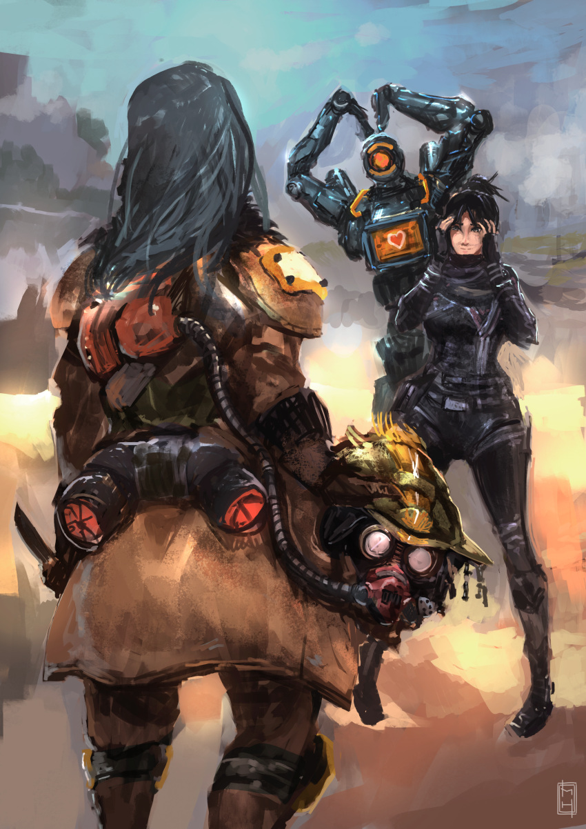 1boy, 1girl, 1other, absurdres, ambiguous_gender, apex_legends, belt, black_belt