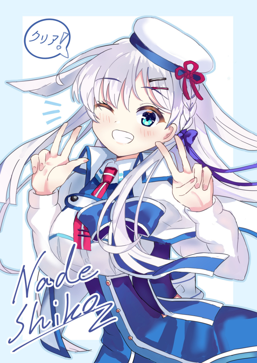 1girl, ;d, aqua_eyes, beret, blue_border, blue_bow, blue_dress, blue_outline