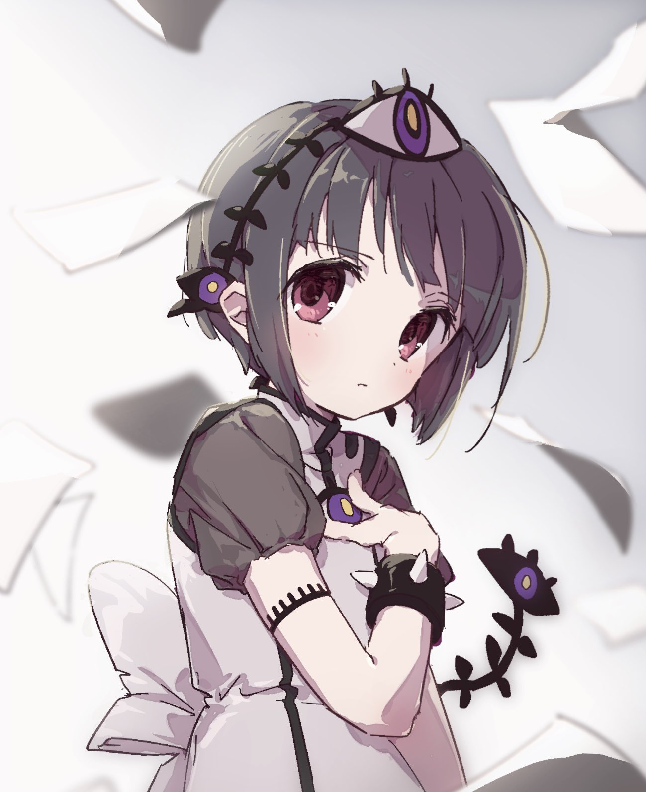 1girl, alma_(mahoiku), black_hair, boro_(tn-boro), bow, bowtie, eye_hair_ornament, falling_paper