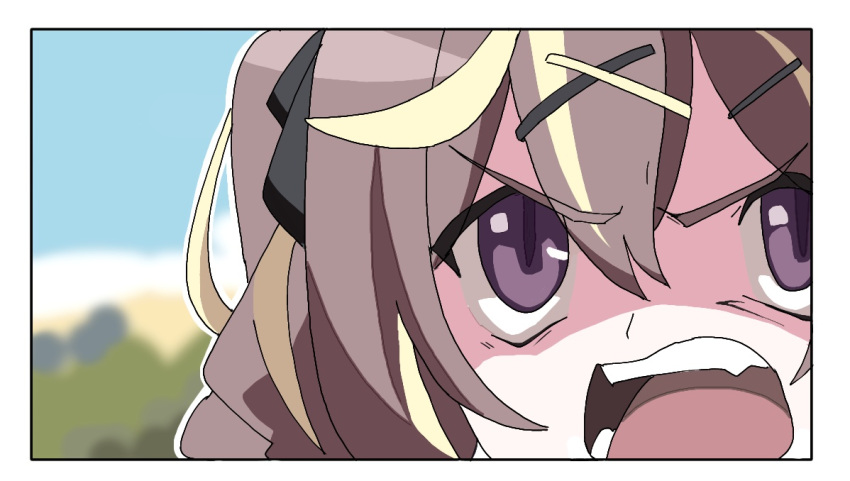 1girl, blonde_hair, blue_archive, bow, brown_hair, crazy, hair_bow, hair_ornament