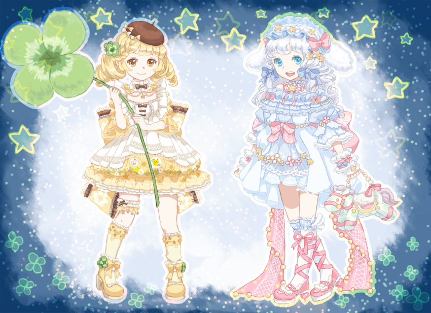 2girls, animal_bag, animal_ears, ankle_bow, back_bow, bag, bare_shoulders, beret, blonde_hair, blue_background, blue_bow, blue_choker, blue_dress, blue_eyes, blue_hairband, blue_socks, blunt_bangs, bow, bow_button, bow_hairband, bowtie, brooch, brown_bow, brown_bowtie, brown_eyes, brown_hat, choker, cinnamoroll, cinnamoroll_(cosplay), cinnamoroll_(miracle_nikki), closed_mouth, clover, clover_hair_ornament, collar, colored_eyelashes, cosplay, crescent, crescent_hair_ornament, detached_collar, dress, dress_bow, drill_hair, fake_animal_ears, fingerless_gloves, floral_print, four-leaf_clover, four-leaf_clover_hair_ornament, frilled_anklet, frilled_choker, frilled_collar, frilled_dress, frilled_hairband, frilled_sleeves, frilled_socks, frilled_thigh_strap, frills, full_body, fur-trimmed_sleeves, fur-trimmed_wrist_cuffs, fur_gloves, fur_trim, fuwa_fuwa_cinnamoroll, gloves, grey_hair, hair_bow, hair_ornament, hairband, hat, high_collar, high_heels, hino_(8), holding, holding_bag, holding_plant, horse, jewelry, kneehighs, lace-trimmed_bow, lace_trim, large_bow, leg_ribbon, lolita_fashion, lolita_hairband, long_hair, long_sleeves, medium_dress, miniskirt, miracle_nikki, multiple_girls, multiple_hat_bows, neck_ribbon, nikki_(series), off-shoulder_dress, off_shoulder, open_mouth, outline, oversized_plant, pink_bow, pink_ribbon, pink_shoes, pink_wrist_cuffs, plant, pompompurin, pompompurin_(cosplay), pompompurin_(miracle_nikki), puffy_long_sleeves, puffy_short_sleeves, puffy_sleeves, pumps, rabbit_ears, ribbon, sanrio, shoes, short_sleeves, skirt, skirt_under_dress, sky, smile, socks, standing, star_(sky), star_(symbol), star_brooch, star_hair_ornament, star_print, starry_sky, striped_clothes, striped_dress, tareme, teeth, thigh_strap, twin_drills, two-tone_background, upper_teeth_only, vertical-striped_clothes, vertical-striped_dress, waist_bow, wavy_hair, white_background, white_bag, white_bow, white_collar, white_dress, white_gloves, white_outline, winged_legs, wrist_cuffs, yellow_bow, yellow_shoes, yellow_skirt, yellow_sleeves, yellow_socks