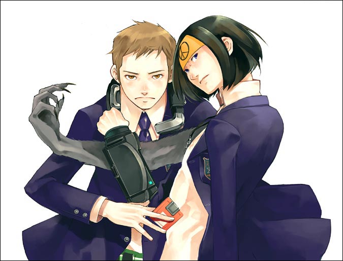 akira_(shin_megami_tensei), black_eyes, black_hair, brown_eyes, brown_hair, floppy_disk, formal, headband