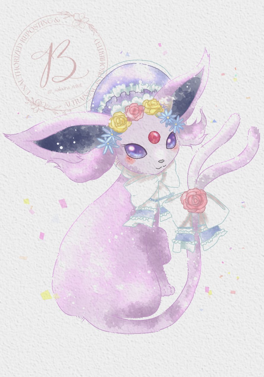 baya_(sakura_mint), blush, bonnet, bow, closed_mouth, espeon, espeon_(botanical_easter), flower