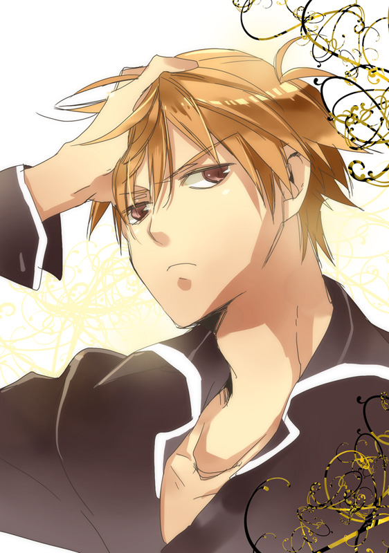 adjusting_hair, annoyed, bust, fruits_basket, hand_on_head, hanei, male, orange_hair