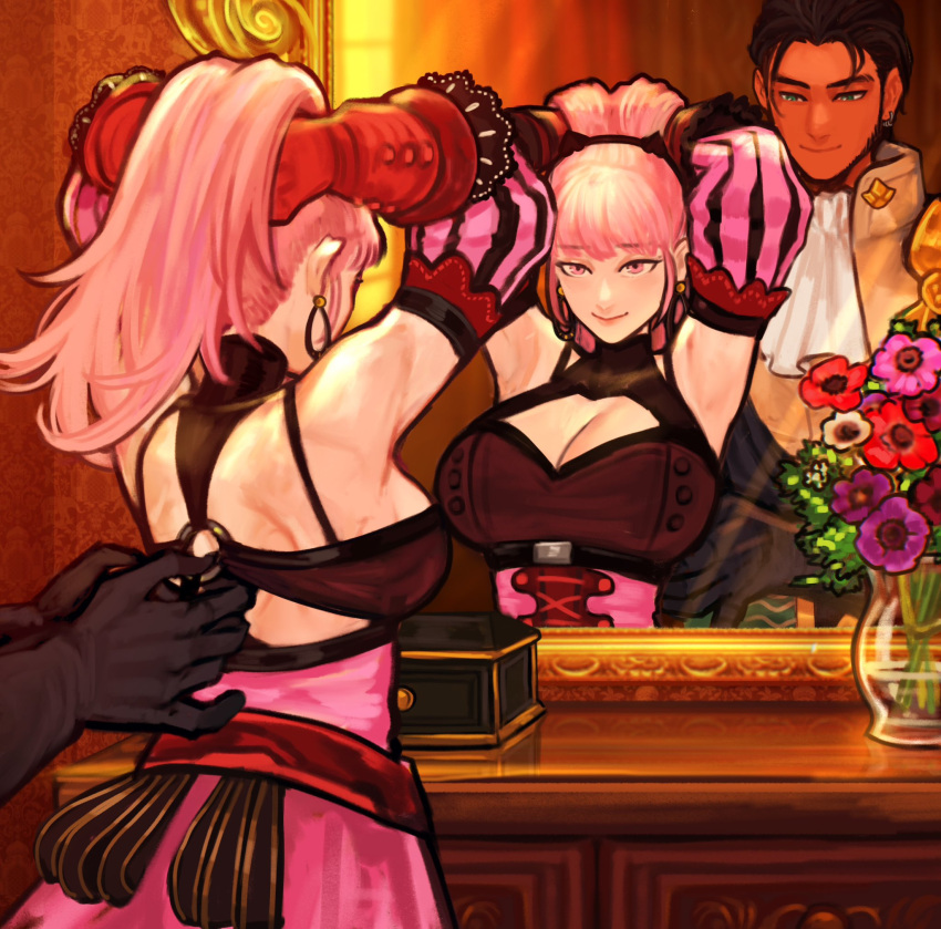 1boy, 1girl, animal_ears, armpits, arms_up, backless_outfit, breasts, claude_von_riegan