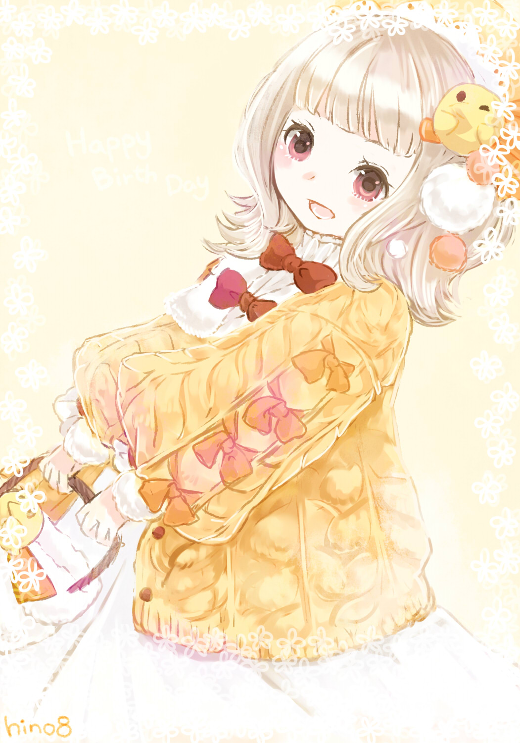 1girl, baby_animal, basket, beret, bird, bird_hair_ornament, blonde_hair, blunt_bangs