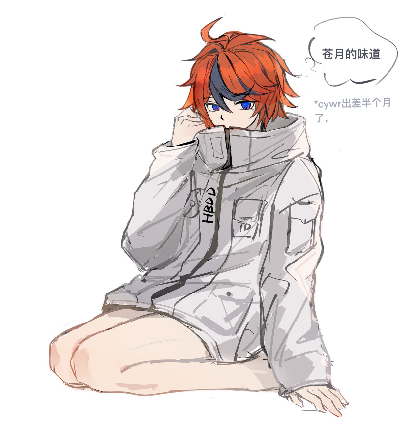 1boy, absurdres, ahoge, aotsuki_eito, aotsuki_eito_(cosplay), black_streaks, blue_eyes, chinese_commentary
