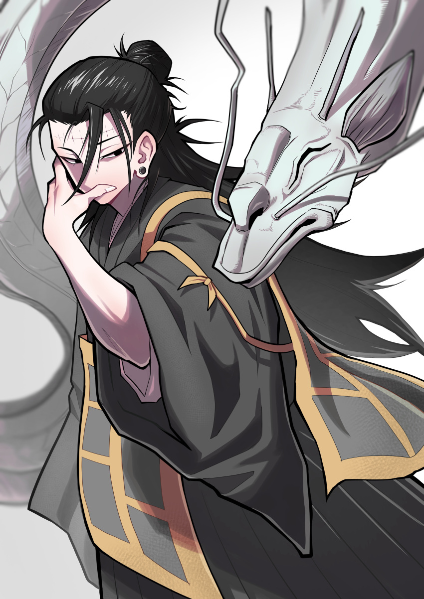1boy, absurdres, black_eyes, black_hair, black_kimono, covered_mouth, cowboy_shot, dragon, ear_piercing, getou_suguru, getou_suguru_(kenjaku), half-closed_eyes, hand_up, highres, japanese_clothes, jujutsu_kaisen, kenjaku, kimono, long_hair, looking_to_the_side, male_focus, piercing, ponytail, solo, stitched_face, stitches, tsumiki_(tsu_miki), white_background, wide_sleeves