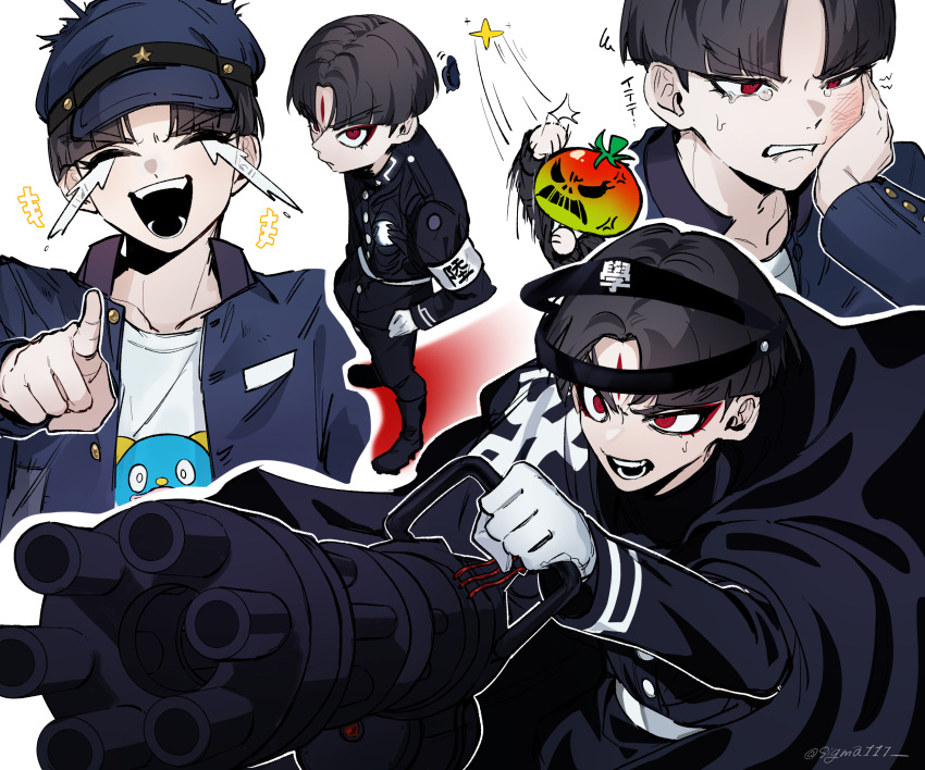 1boy, 1girl, ^_^, anger_vein, armband, black_cloak, black_hair, blue_hat