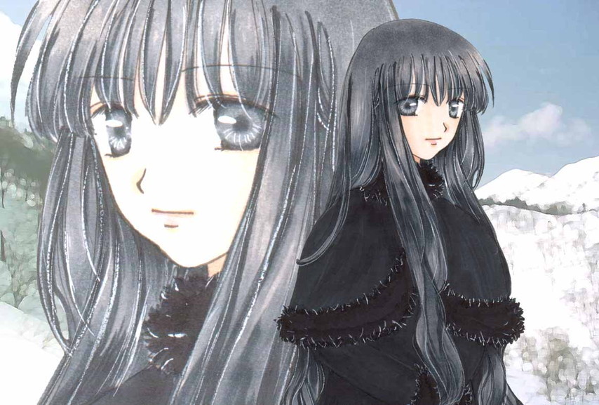 capelet, face, fruits_basket, grey_eyes, hanajima_saki, light_smile, long_hair, marker_(medium), minase02, solo, traditional_media, winter_clothes, zoom_layer