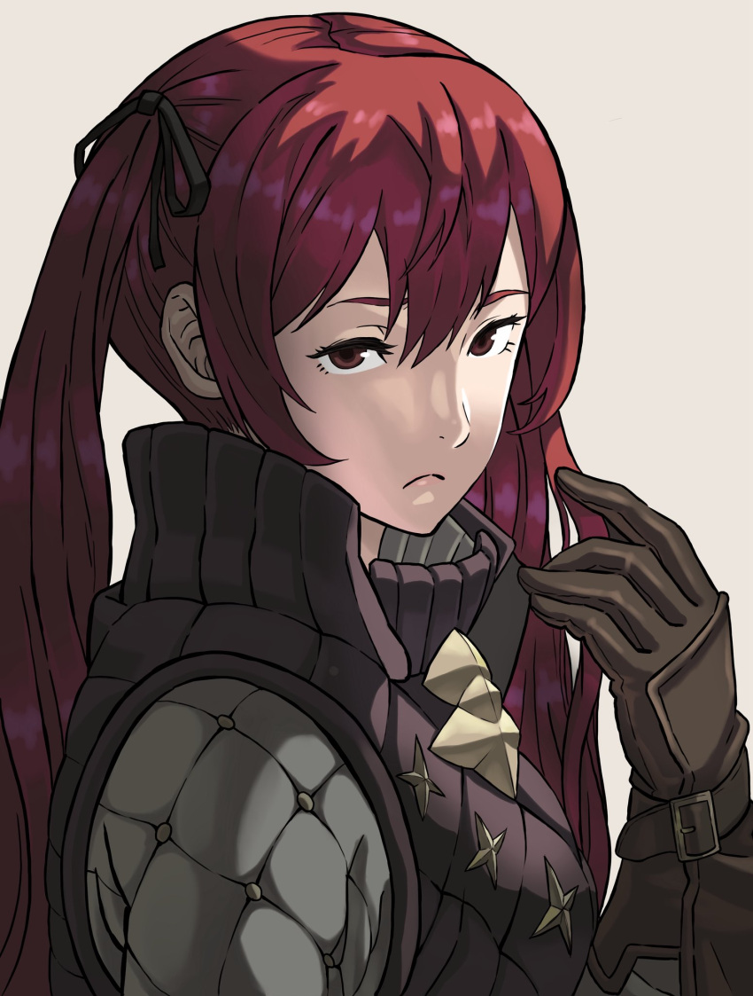 1girl, fire_emblem, fire_emblem_fates, gambeson, gloves, hair_ribbon, highres, leather, leather_gloves, long_hair, looking_at_viewer, peacefulandflat, red_eyes, red_hair, ribbon, selena_(fire_emblem_fates), solo, twintails