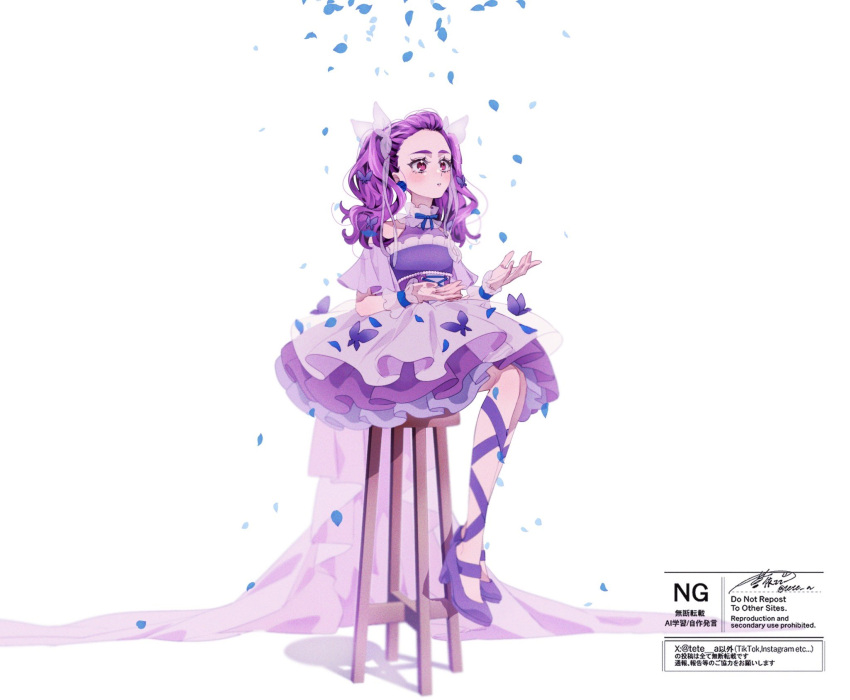 1girl, aoi_tete, blue_petals, blush, bow, butterfly_hair_ornament, detached_sleeves, dress