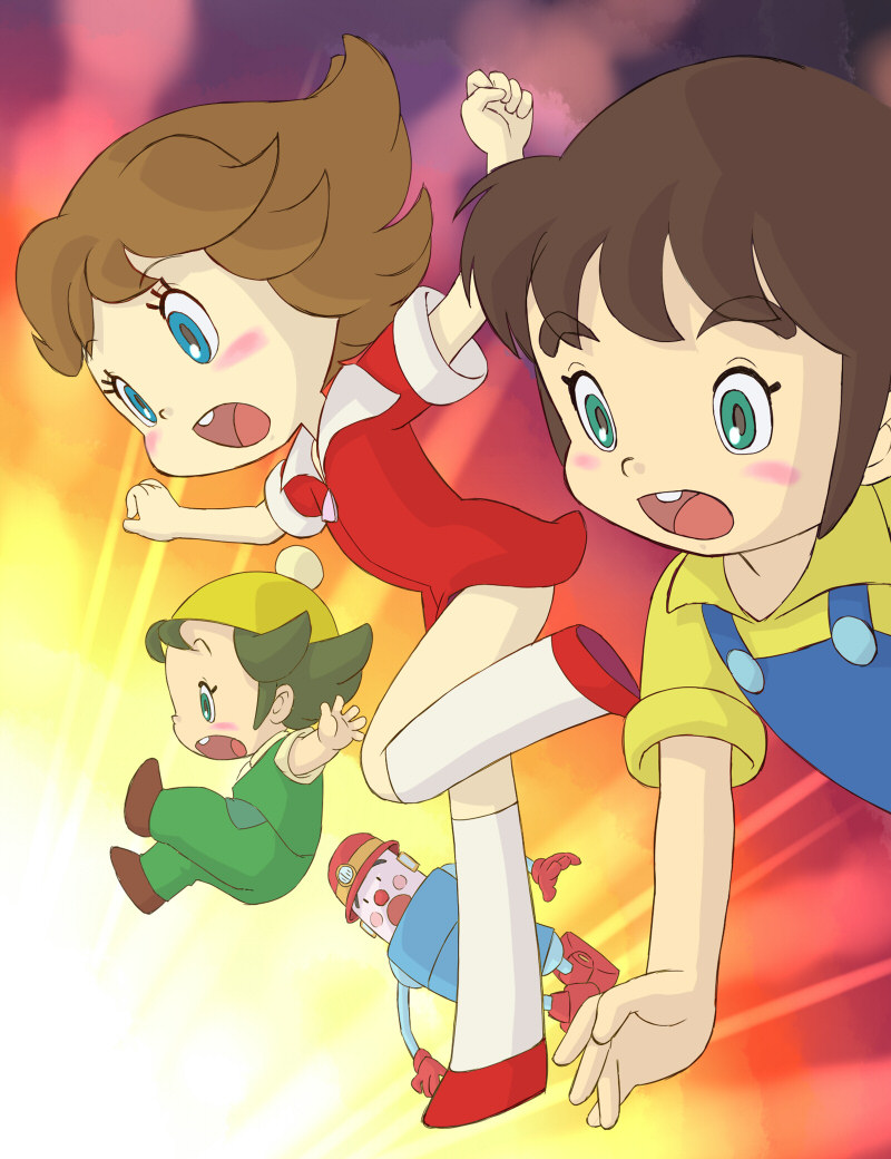 1girl, 2boys, :o, azuchi_gen, blue_eyes, blush, brown_hair, child, falling, green_eyes, green_pants, kadenchin_(the_flying_house), kneehighs, multiple_boys, natsuyama_kanna, natsuyama_tsukubo, overalls, pants, red_shirt, red_shoes, retro_artstyle, robot, shirt, shoes, short_sleeves, socks, the_flying_house, thick_eyebrows, white_socks, yamanokonza, yellow_shirt