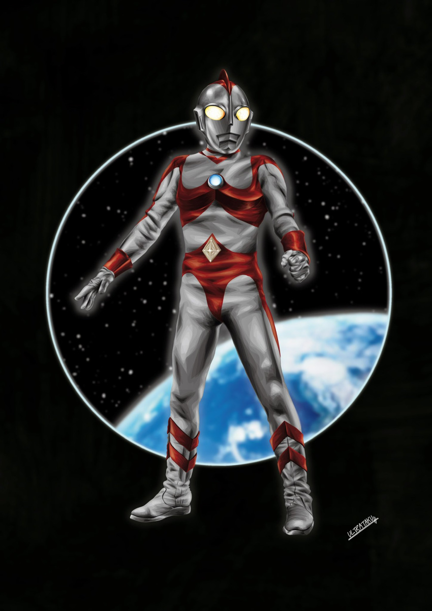 1boy, alien, arm_guards, arms_at_sides, artist_name, black_background, buckle, clenched_hand