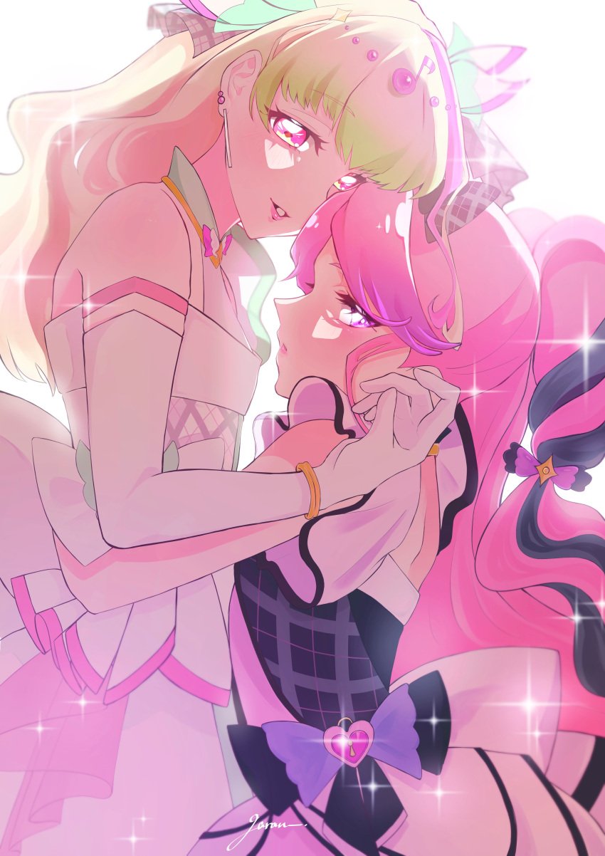 2girls, absurdres, akurugigara001, artist_name, bare_back, bare_shoulders, black_gloves, black_hair
