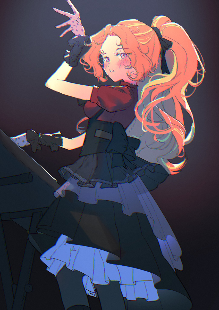 1girl, adagio_dazzle, adagio_dazzle_(human), amazingpuffhair, arm_up, asymmetrical_gloves, back_bow, bang_dream!, black_background, black_boots, black_bow, black_pantyhose, blonde_hair, blue_gloves, blush, boots, bow, breasts, chromatic_aberration, commentary, cosplay, eyes_visible_through_hair, feet_out_of_frame, film_grain, frilled_gloves, frilled_skirt, frills, from_below, gloves, hair_bow, high_ponytail, highres, instrument, knee_boots, layered_skirt, long_hair, looking_at_viewer, medium_skirt, mismatched_gloves, multicolored_hair, music, my_little_pony, my_little_pony:_equestria_girls, my_little_pony:_friendship_is_magic, oblivionis_(bang_dream!), orange_hair, pantyhose, parted_lips, pink_eyes, pink_gloves, pink_skirt, playing_instrument, playing_piano, polka_dot_gloves, ponytail, puffy_short_sleeves, puffy_sleeves, red_shirt, shirt, short_sleeves, sidelocks, simple_background, skirt, slit_pupils, small_breasts, solo, standing, streaked_hair, togawa_sakiko, togawa_sakiko_(cosplay), two-tone_hair, vignetting, wavy_hair