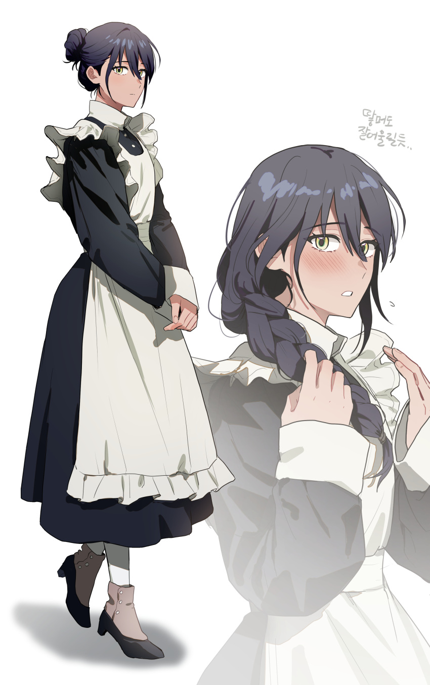 1girl, absurdres, apron, black_dress, black_hair, blush, braid, collared_dress