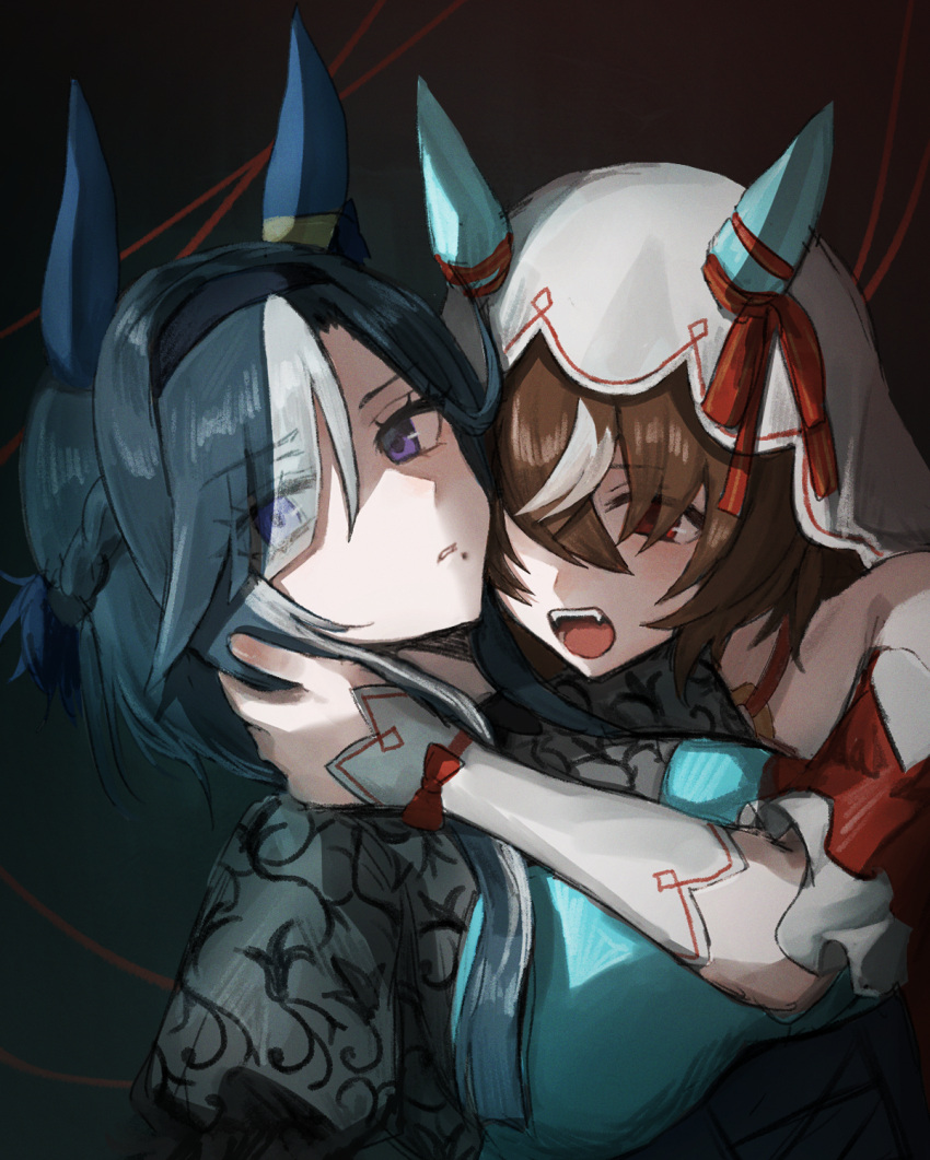 2girls, admire_groove_(umamusume), animal_ears, asymmetrical_bangs, blue_hair, braid, brown_hair, ear_covers