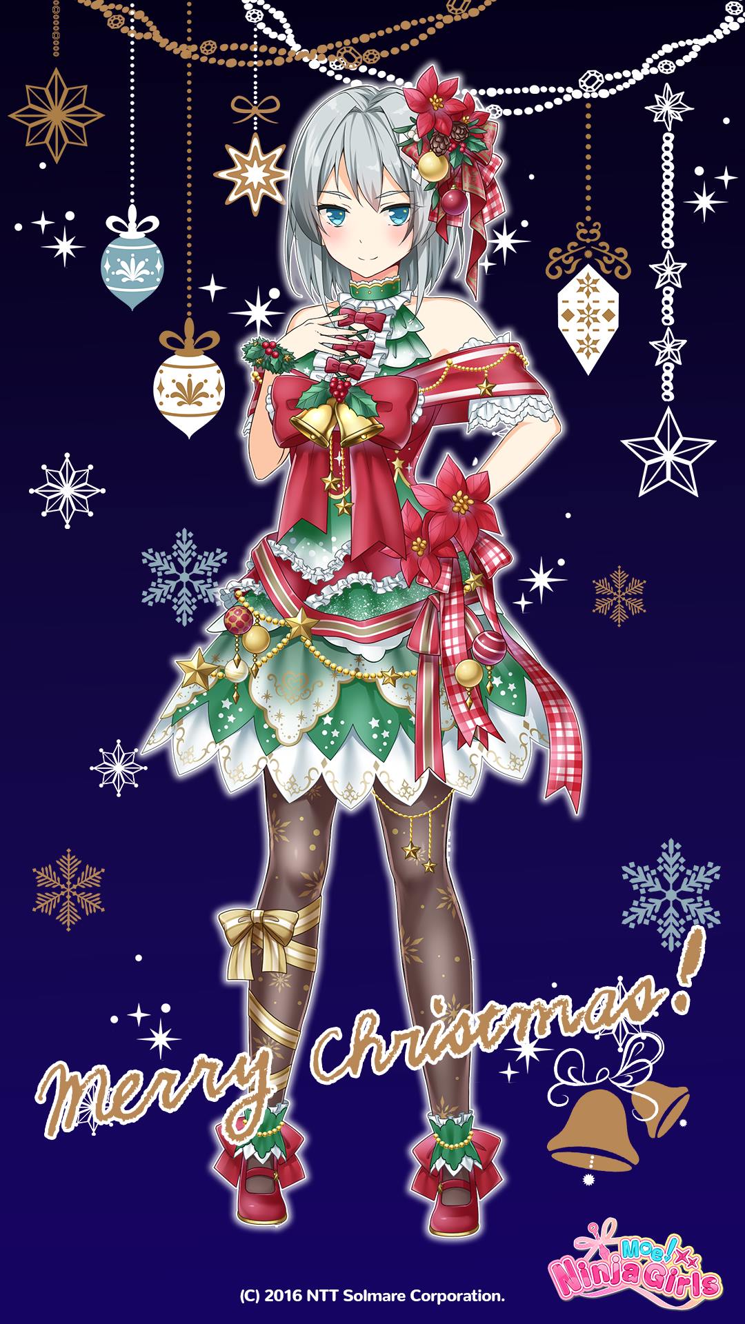 1girl, alternate_costume, bare_shoulders, blue_eyes, blush, breasts, christmas, closed_mouth, commentary, company_name, copyright_name, copyright_notice, dress, full_body, fur_trim, gradient_background, grey_hair, highres, logo, looking_at_viewer, machiyuki_ricka, merry_christmas, moe!_ninja_girls, ntt_solmare, official_art, pantyhose, red_ribbon, ribbon, santa_costume, santa_dress, snowflakes, solo, star_(symbol)