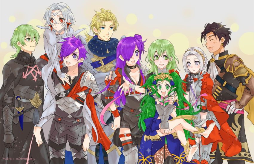 1other, 4boys, 4girls, armor, arval_(fire_emblem), barefoot, black_armor, black_cape