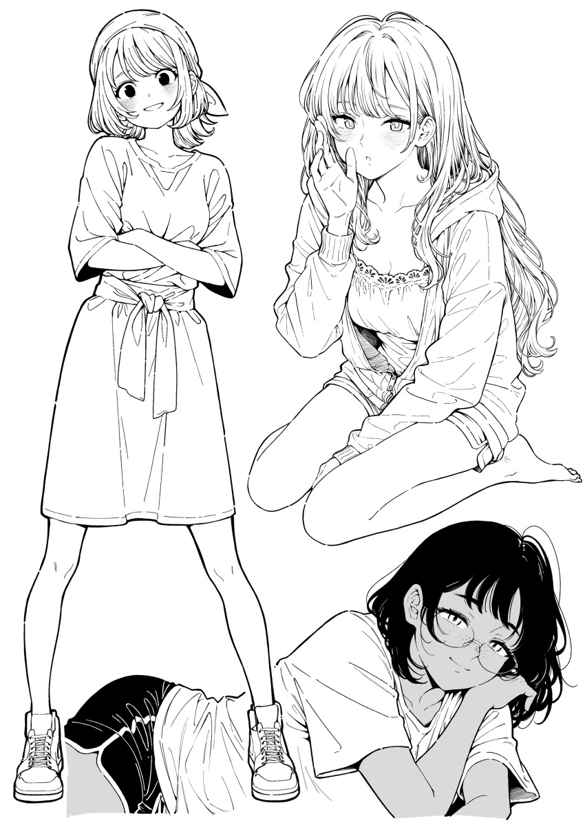 absurdres, bandana, dolphin_shorts, dress, glasses, greyscale, highres, kuroki_yuushin