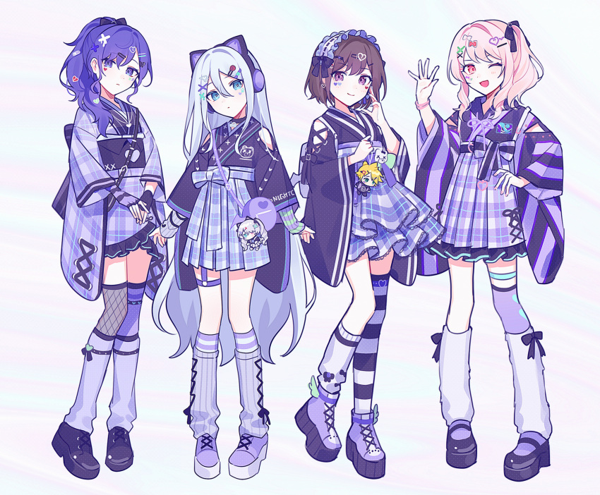1other, 25-ji_len, 25-ji_miku, 25-ji_nightcord_de._(project_sekai), 3girls, adapted_costume, akiyama_mizuki, animal_ear_headphones