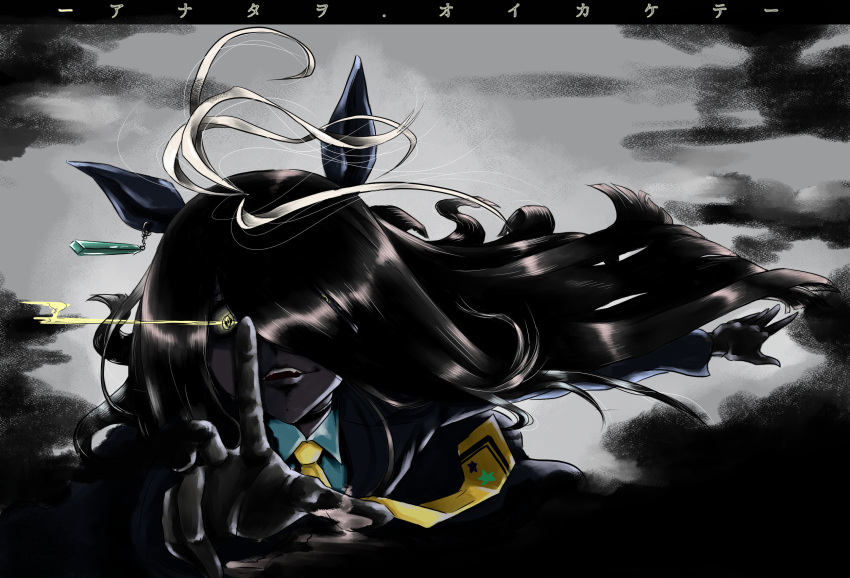 1girl, ahoge, black_gloves, black_hair, eye_trail, floating_hair, gloves, grey_hair