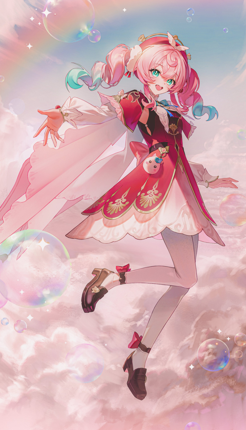 1girl, absurdres, aqua_eyes, aqua_hair, beret, black_shoes, dress, full_body