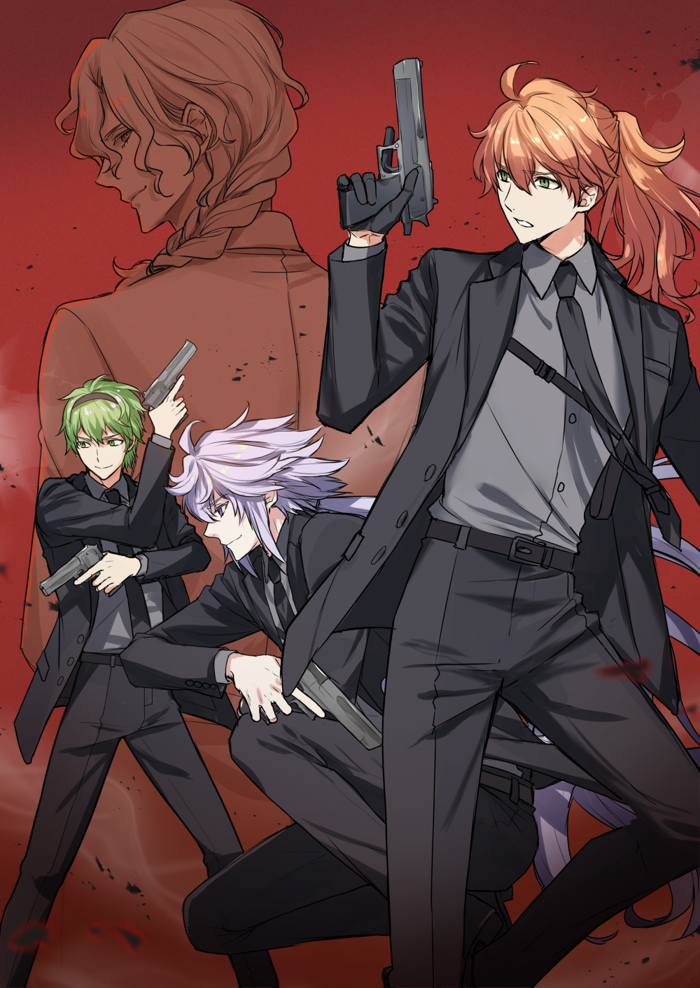 4boys, ahoge, alternate_costume, belt, belt_buckle, black_belt, black_gloves, black_hairband