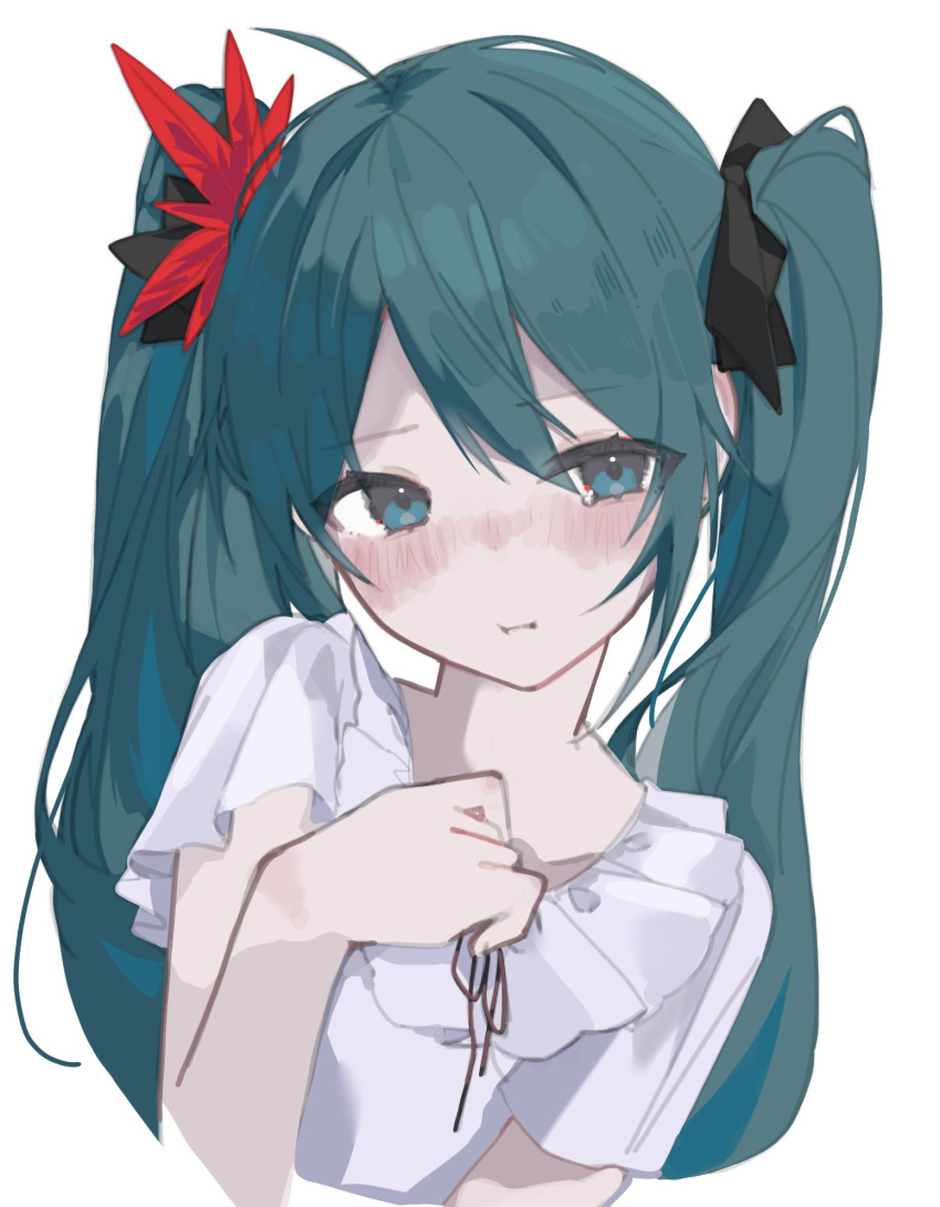 1girl, :t, blue_eyes, blue_hair, blush, bow, commentary_request, cropped_torso