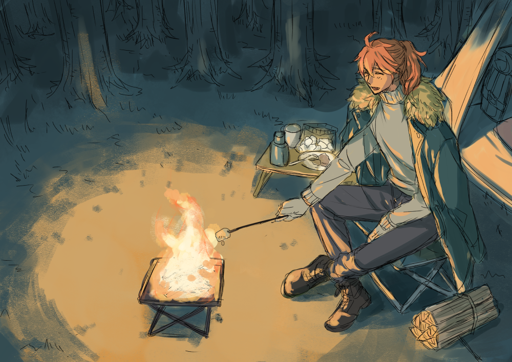 1boy, ahoge, alternate_costume, boots, brown_boots, campfire, camping, camping_chair