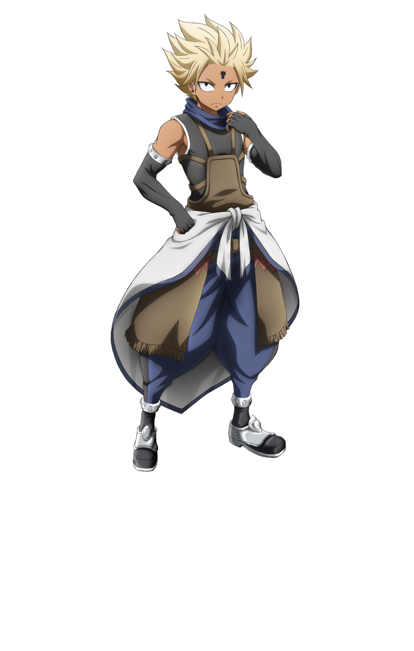 1boy, anime_coloring, black_boots, black_gloves, black_shirt, blonde_hair, blue_pants, blue_scarf