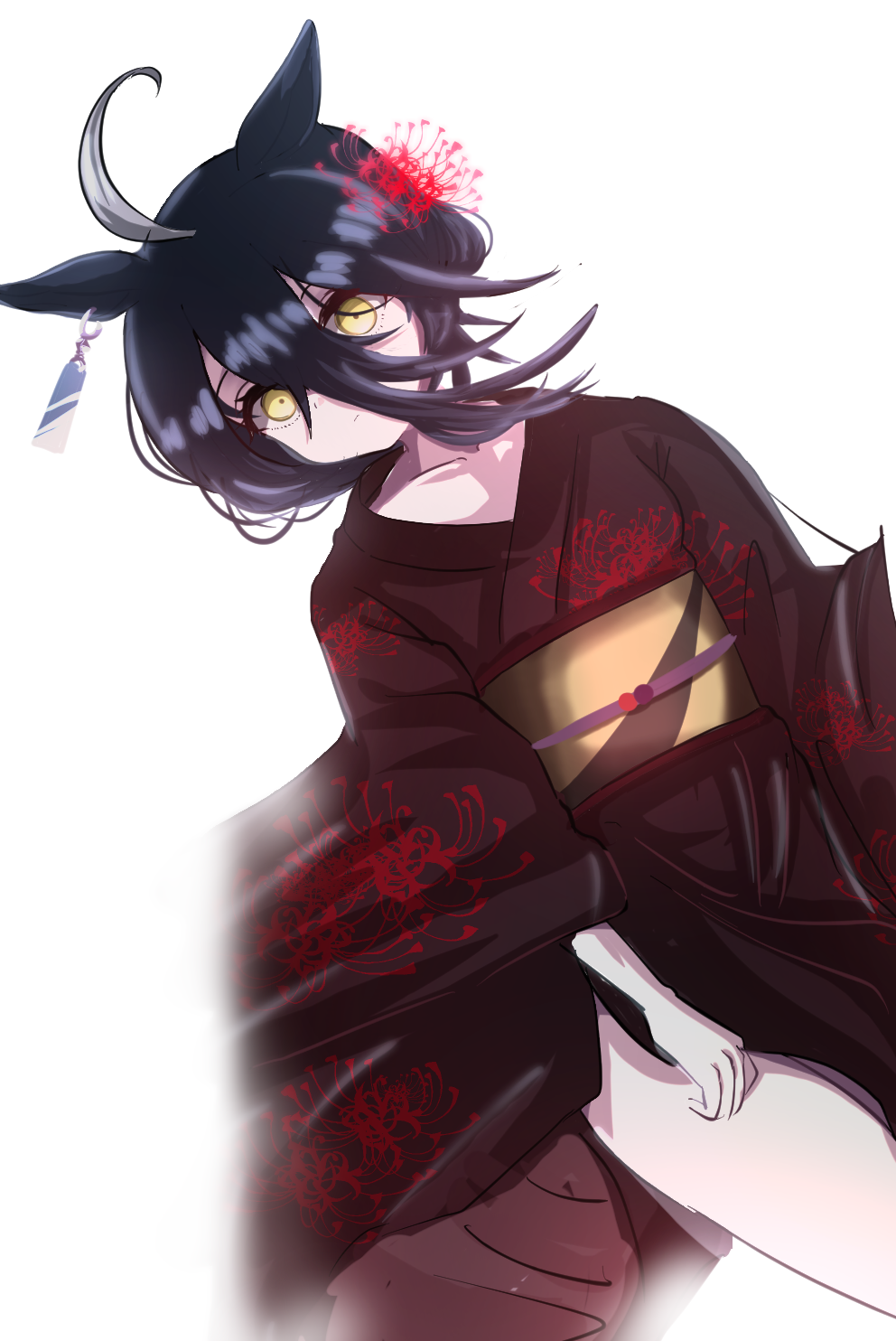 1girl, ahoge, animal_ears, black_kimono, collarbone, ear_ornament, ear_tag, earrings