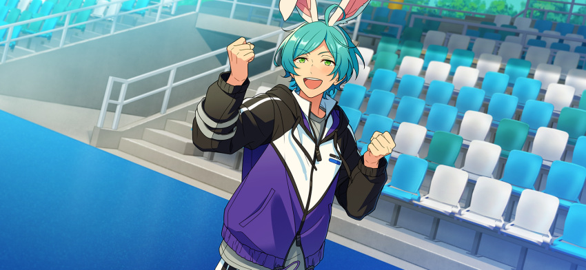 1boy, ahoge, animal_ears, arm_up, athletic_atmos_(ensemble_stars!), blue_hair, chair, clenched_hands, drawstring, ensemble_stars!, fake_animal_ears, green_eyes, hand_up, jacket, long_sleeves, male_focus, official_art, open_mouth, rabbit_ears, shinkai_kanata, short_hair, solo, stairs, teeth, third-party_source, upper_body, upper_teeth_only, zipper_pull_tab