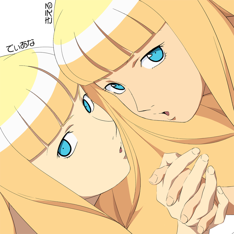bangs, blonde_hair, blue_eyes, blunt_bangs, dianna_soreil, gasora, gundam, hand_holding