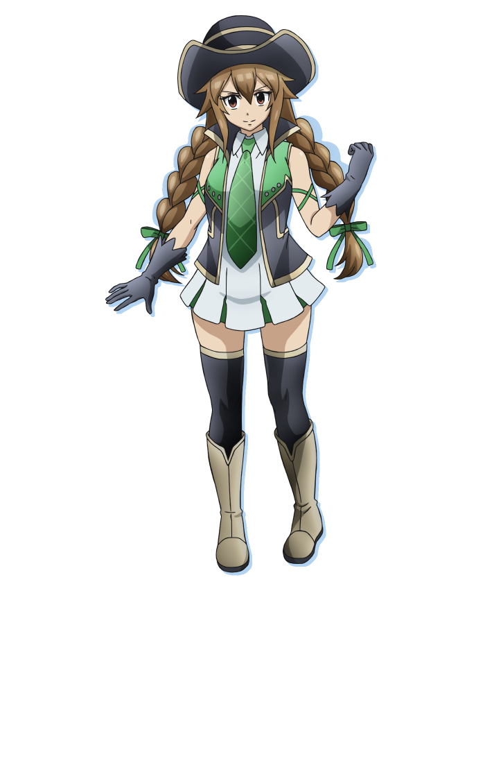 1girl, anime_coloring, black_hat, black_thighhighs, boots, braid, brown_boots, brown_eyes