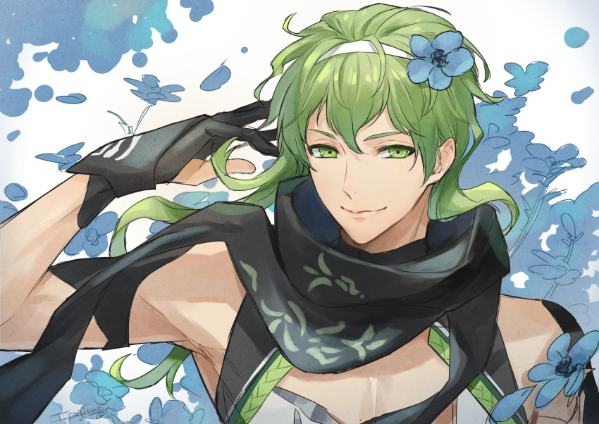 1boy, arm_up, black_gloves, black_scarf, blue_flower, closed_mouth, david_(fate), david_(third_ascension)_(fate)