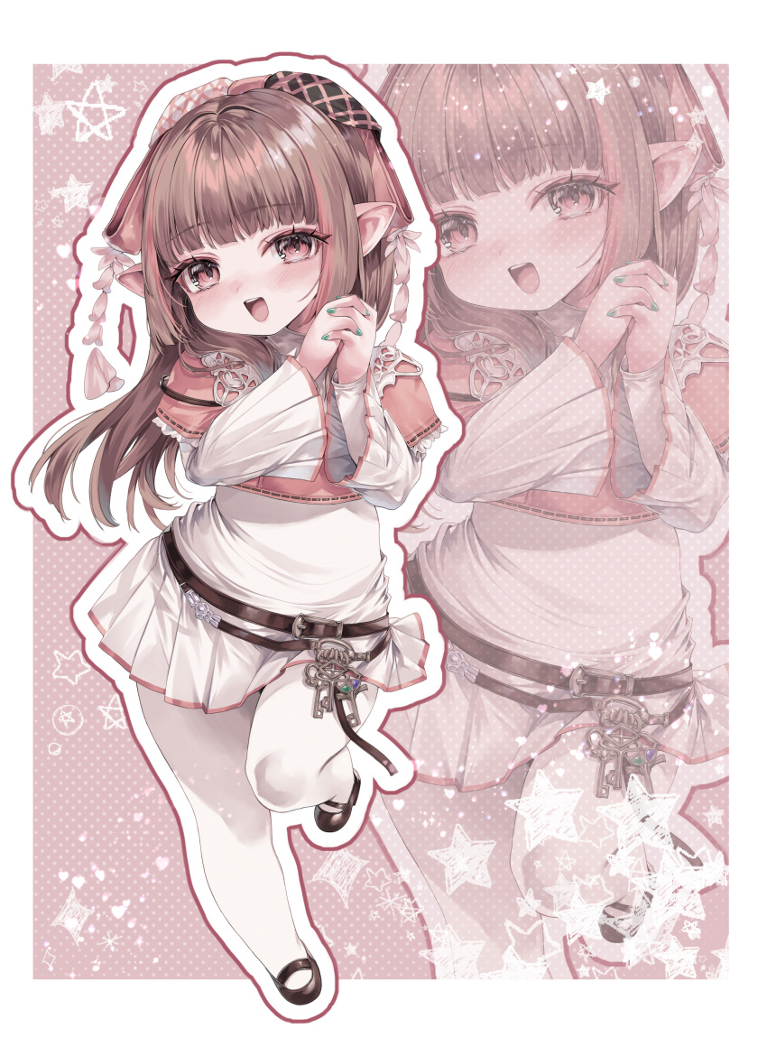 1girl, absurdres, brown_hair, dress, final_fantasy, final_fantasy_xiv, green_nails, hair_ribbon