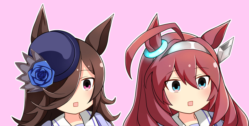 2girls, ahoge, animal_ears, asymmetrical_bangs, bowler_hat, brown_hair, commentary, flipped_hair