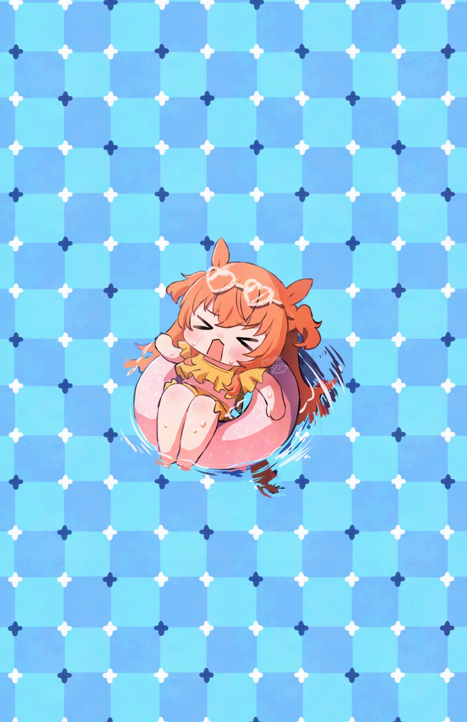 >_<, 1girl, afloat, animal_ears, barefoot, bikini, blue_background, blush