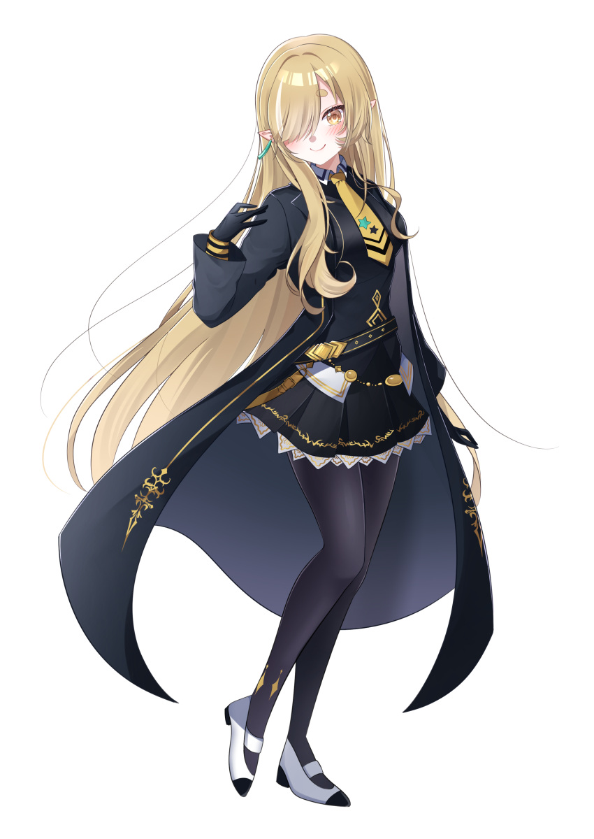 1girl, absurdres, black_coat, black_dress, black_gloves, black_pantyhose, blonde_hair, blush