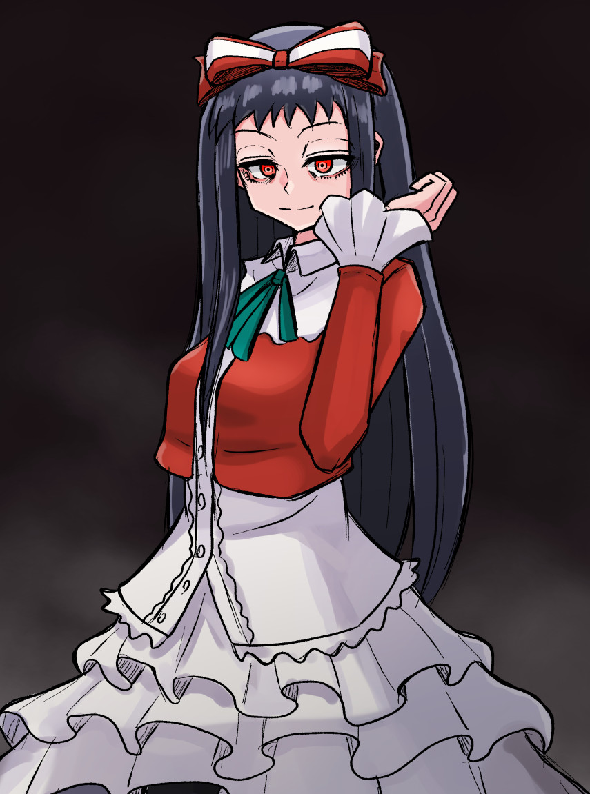 1girl, amon_higu3106, black_hair, blazer, bow, dress, frills, green_ribbon, hair_bow, higanbana_(higanbana_no_saku_yoru_ni), higanbana_no_saku_yoru_ni, jacket, long_hair, red_bow, red_eyes, ribbon, simple_background, smile, solo, striped_bow, white_dress