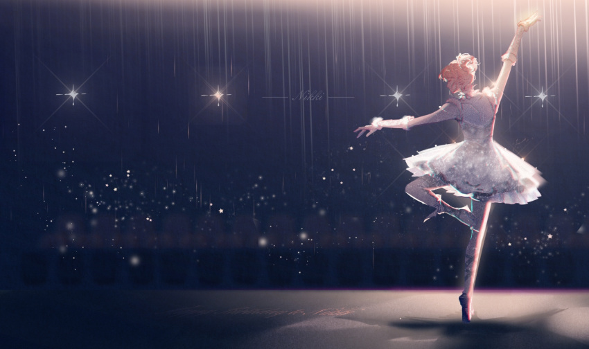 1girl, arm_up, arm_warmers, ballerina, ballet, ballet_slippers, black_sky, city